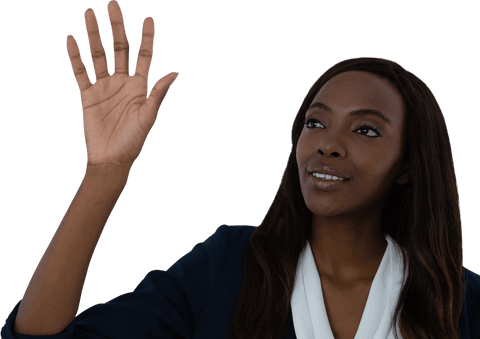 Transparent businesswoman touching virtual interface screen