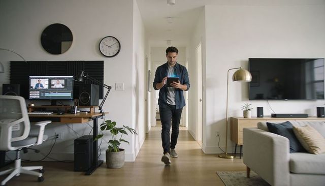 Walking professional using tablet in modern home office hallway with dual-monitor editing setup