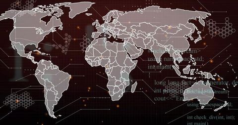 Global digital map highlighting interconnected continents with pulsing data nodes and hexagonal grid