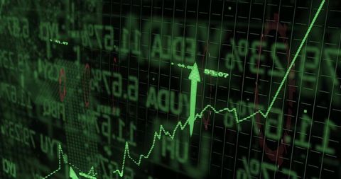 Green Digital Stock Market Chart Rising with Upward Arrow Indicator and Ticker Data
