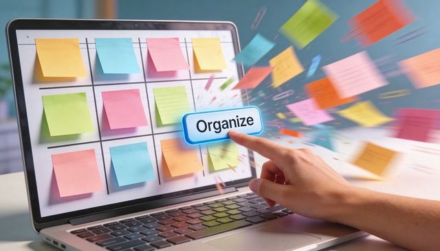 Pressing Organize Button on Laptop Grid of Colorful Sticky Notes for Task Management