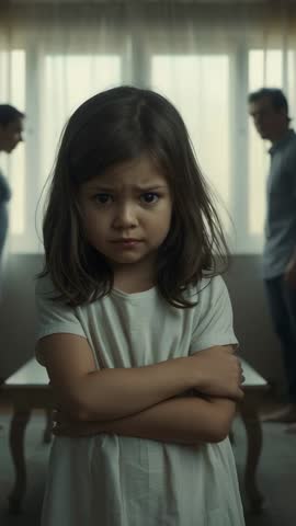 Young girl standing with crossed arms while parents arguing in curtained dining room