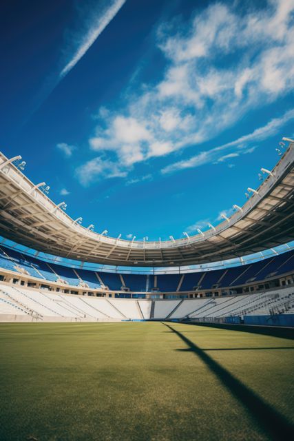 This image features an empty sports stadium with a well-maintained green field under a clear blue sky. Ideal for promoting sports events, stadium architecture, venue preparations, athletic activities, and event management services. Perfect for sports magazines, outdoor venue ads, or event planning websites.