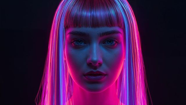 Futuristic woman glowing neon hair with glossy makeup, chromatic studio portrait