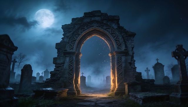 Glowing gothic ruined archway casting golden light through misty nighttime graveyard