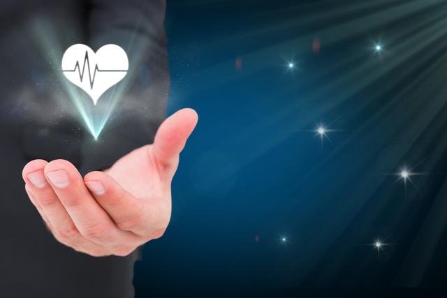 Hand holding glowing heart symbol with a heartbeat graphic and starry background. Perfect for illustrating themes of health, technology, and care. Ideal for medical and healthcare marketing materials, futuristic concepts, and wellness advertisements.