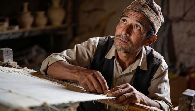 Middle-aged asian weaver adjusting warp threads on traditional loom in artisan workshop