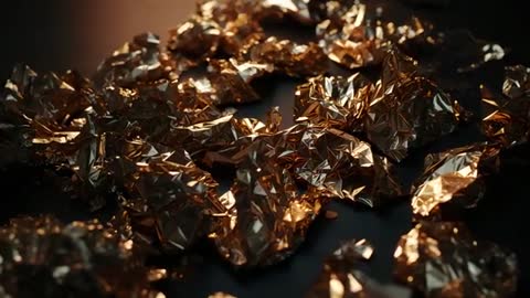 Crumpled Gold Foil Map on Matte Black Surface with Lens Flare