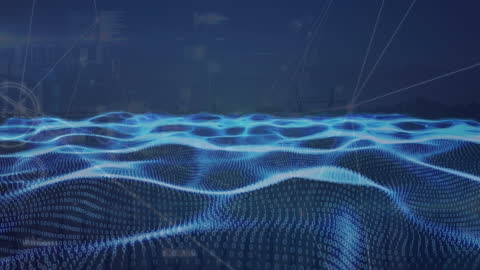 Futuristic Digital Landscape with Neon Waves and Data