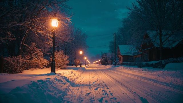 Tranquil Snowy Suburban Street with Vintage Lamppost at Night