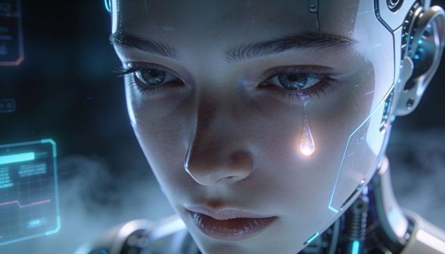 Female android shedding luminous tear close-up cybernetic humanoid face with circuitry