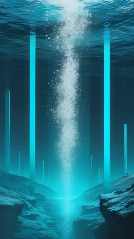 Deep Sea Fissure Glowing and Rising Bubble Plume with Neon Pillars Vertical Video Loop
