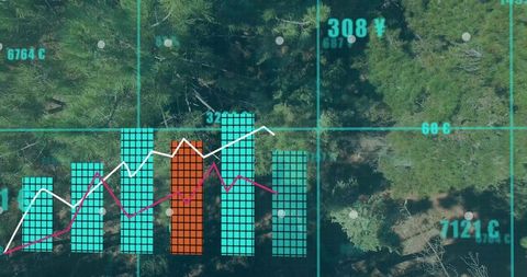 Aerial forest analytics overlay with turquoise grid, orange bar chart and line graphs