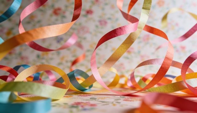 Curling Colorful Paper Streamers Floating and Looping over Floral Tabletop Pastel Ribbons