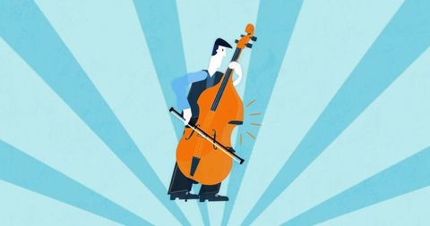 Musician playing double bass in vibrant artwork