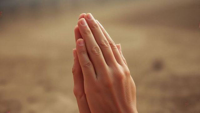 Hands Forming Prayer Gesture Amidst Serene Outdoor Background