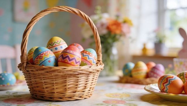 Hand-painted pastel easter eggs in wicker basket on floral tablecloth for spring decor
