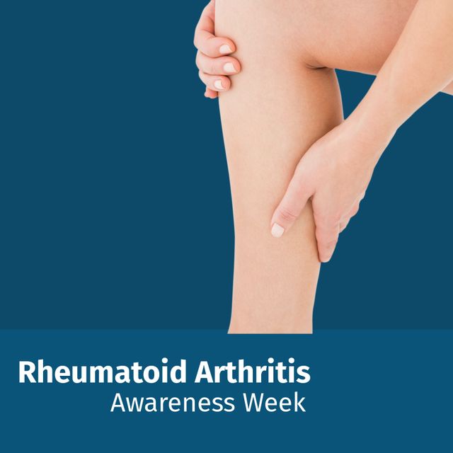 Perfect for promoting Rheumatoid Arthritis Awareness Week, this design features a woman touching her leg to emphasize joint pain often associated with arthritis. Great for healthcare campaigns, medical articles, wellness blogs, and educational materials.