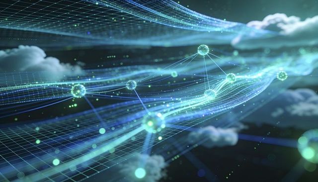 Luminescent data stream connecting glowing nodes across virtual cloud grid for ai network viz