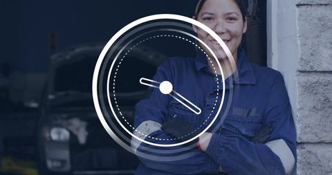 Confident Female Mechanic with Car and Gauge Symbol in Garage