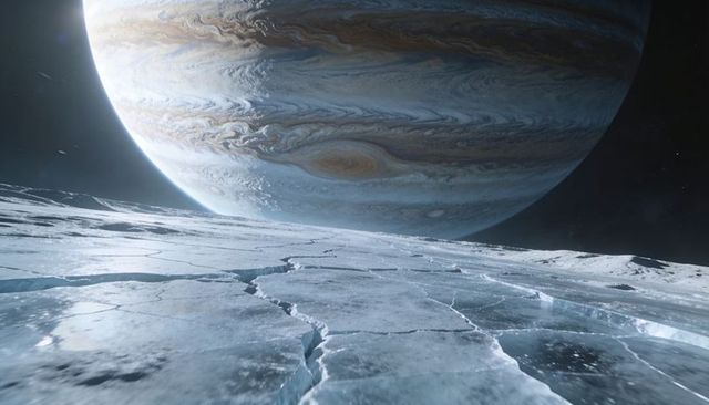Cracked glossy ice sheet on icy moon with crevasses and banded gas giant rising