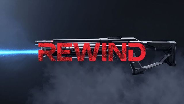 Futuristic Laser Rifle Emitting Blue Energy Beam with Bold Red REWIND Typography on Smoky Dark Backd