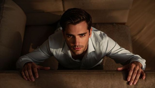 Leaning man gripping sofa back looking up with intense gaze, wearing button-up shirt