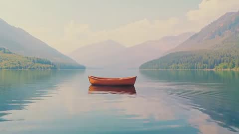 Serene Orange Canoe on Calm Mountain Lake Waters