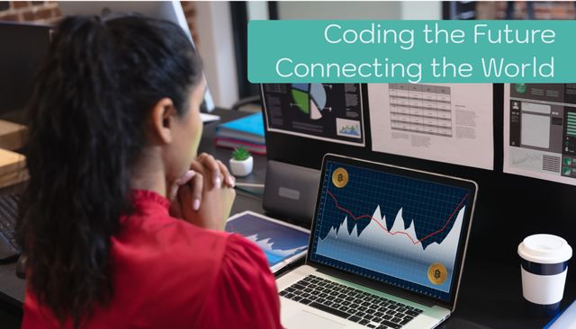 Ideal for illustrating concepts related to technology, future of coding, professional women in tech, data analysis, financial markets, and office work.