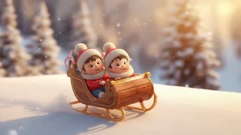 Slow pull-in on two kids sliding in sled through sunlit snowy forest, joyful winter ride