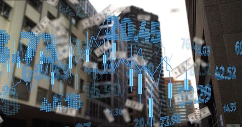 Blue candlestick charts overlaying urban skyscrapers with floating dollar bills