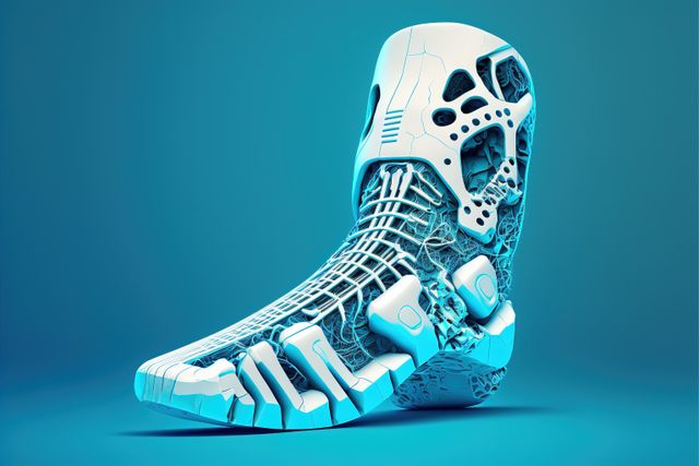 Unique 3D rendered image of a futuristic sports shoe showcases an intricate design with advanced materials. Ideal for use in technology blogs, athletic gear advertisements, conceptual design presentations, and innovation-themed content.