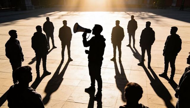 Leader speaking through megaphone to silhouetted crowd on sunlit urban plaza at sunrise