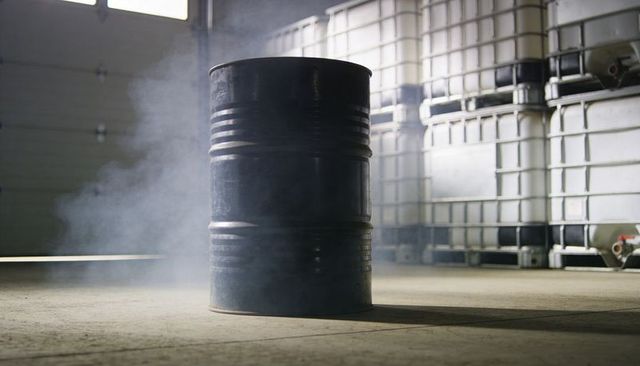 Hazy Industrial Steel Drum Casting Long Shadow in Warehouse with Stacked IBC Tanks