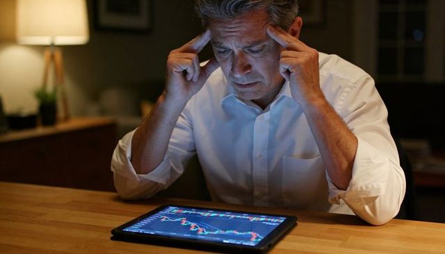 Worried businessman studying falling stock charts on tablet at night in home office