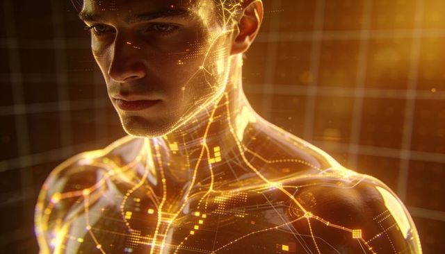 Glowing digital human avatar with circuitry and neural network patterns in amber light