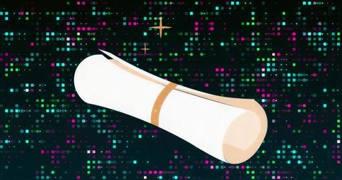 Floating parchment scroll with golden band and ribbon in neon pixelated digital cosmos