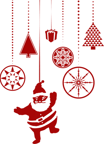Transparent red christmas decorations with santa and ornaments
