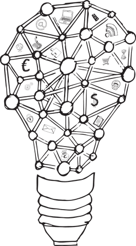 Innovative transparent lightbulb network with currency and media icons