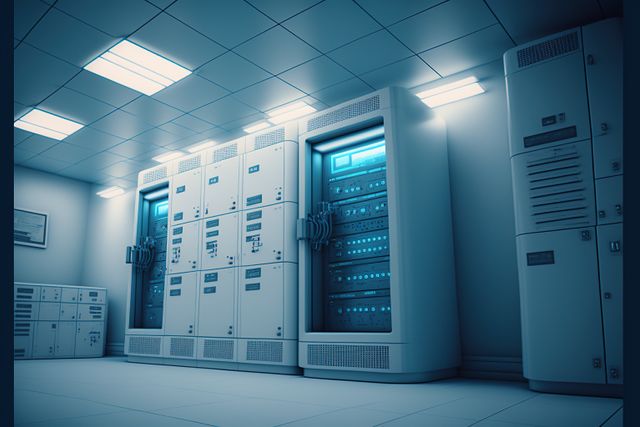 Modern data center server room with blue ambient lighting features advanced technology for IT infrastructure. Perfect for illustrating high-tech environments, cybersecurity concepts, network management, telecommunications systems, and business operations.