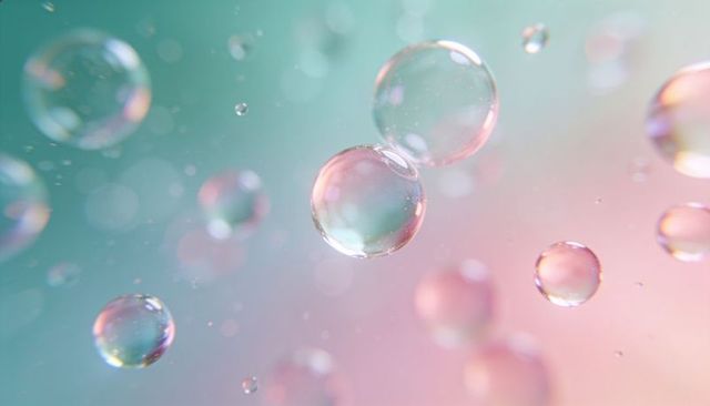 Opalescent soap bubbles floating over pastel teal-pink gradient with iridescent highlights