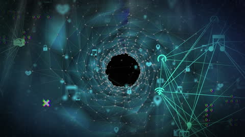 Abstract Digital Network with Interconnected Icons and 3D Tunnel