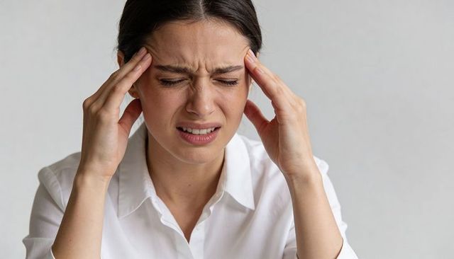 Young woman pressing temples, grimacing from migraine and stress, closeup portrait