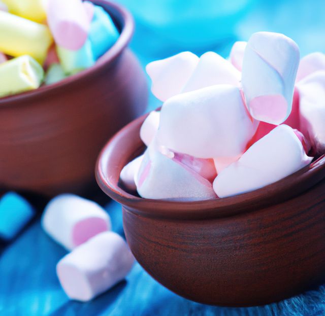 Close up of pots of colourful marshmallows lying on blue background. Sweets, food and drink concept.