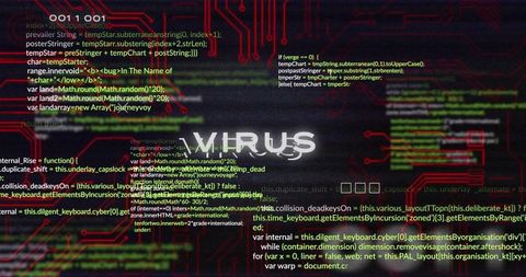 Cybersecurity threat with glitched text and code overlay