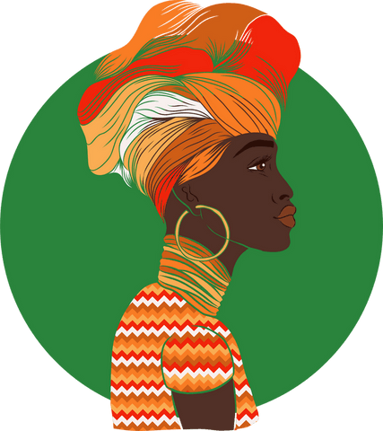 Elegant side profile of woman with vibrant headwrap on transparent background