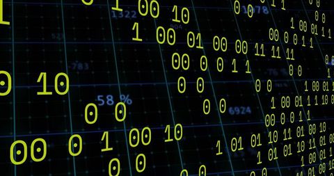 Neon binary matrix visualizing data flow and analytics on tilted grid