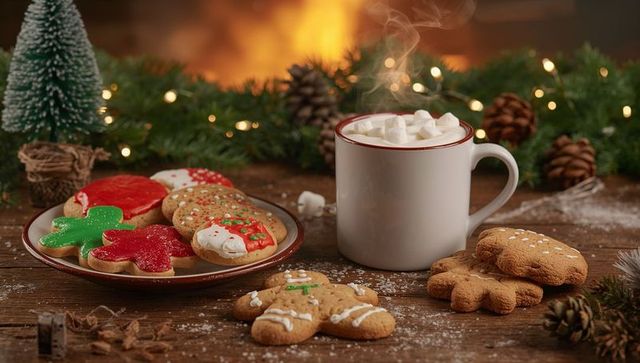 Cozy Winter Scene with Festive Cookies and Hot Chocolate