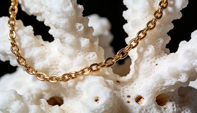 Draping warm gold necklace chain on sculptural white coral elegant luxury jewelry close-up