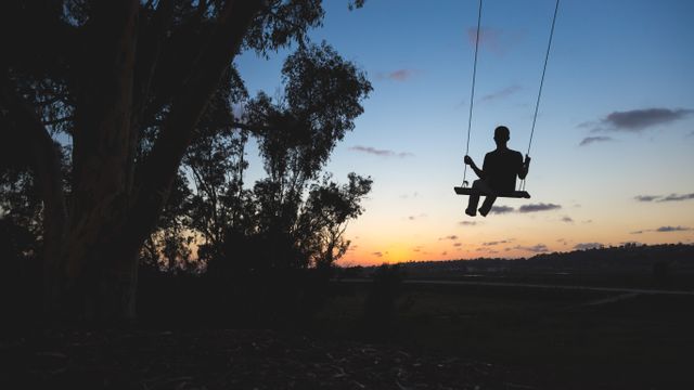 Shows child on swing against backdrop of sunset. Useful for themes of childhood memories, relaxation, outdoor activities, and peaceful moments. Ideal for websites, blogs, and social media posts about nature and tranquility.